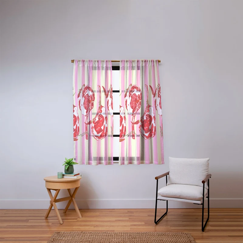 Tomahawk Steak with Chili Herbs on Pink Stripes Window Curtain