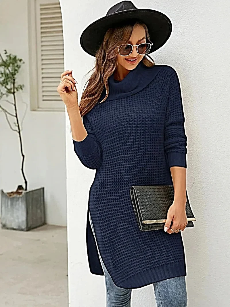 Luxe coltrui-jurk met wafelstructuur en split.