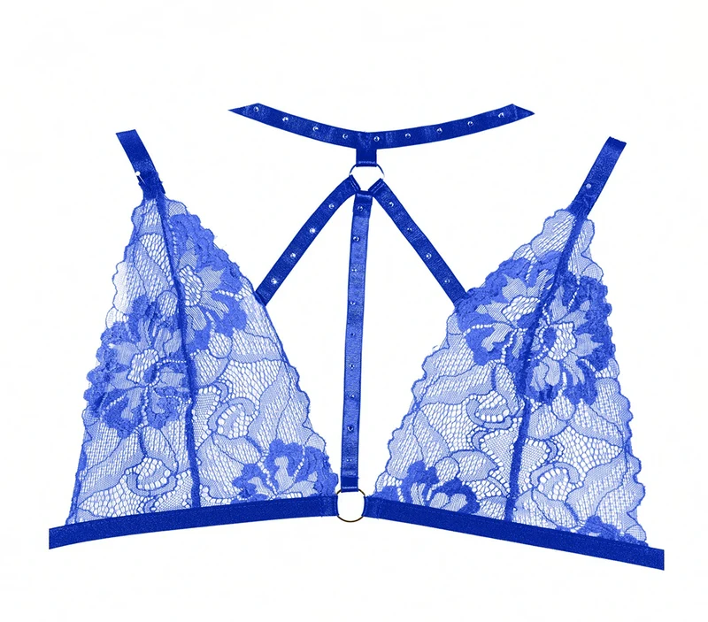 Set van kanten bralette en kruisloze panty met choker en strass-details in blauw