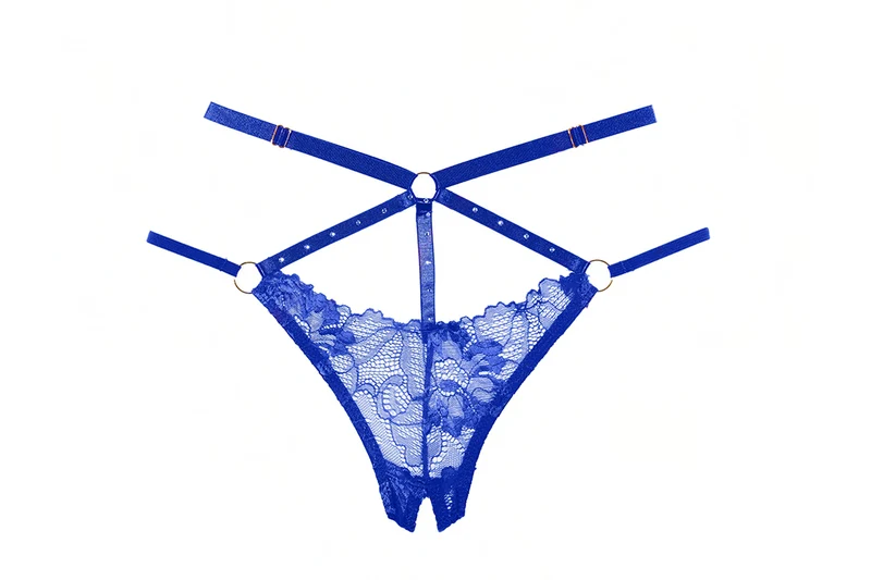 Set van kanten bralette en kruisloze panty met choker en strass-details in blauw