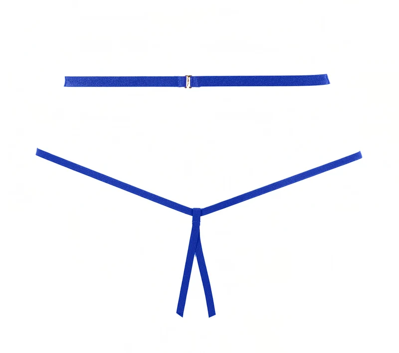 Set van kanten bralette en kruisloze panty met choker en strass-details in blauw
