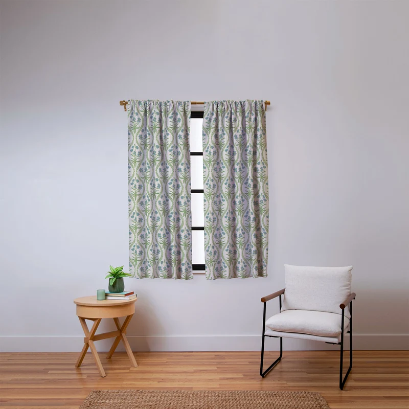 Blue Wildflowers Vintage Ogee Traditional Blue Green Cream Floral Window Curtain