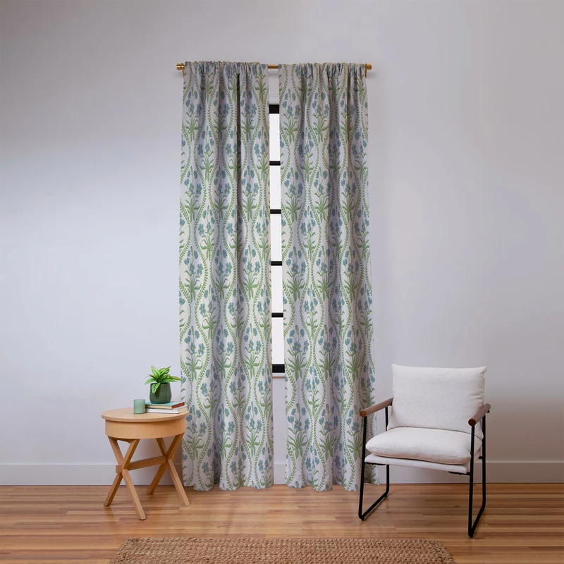 Blue Wildflowers Vintage Ogee Traditional Blue Green Cream Floral Window Curtain