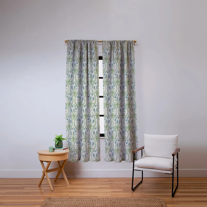 Blue Wildflowers Vintage Ogee Traditional Blue Green Cream Floral Window Curtain