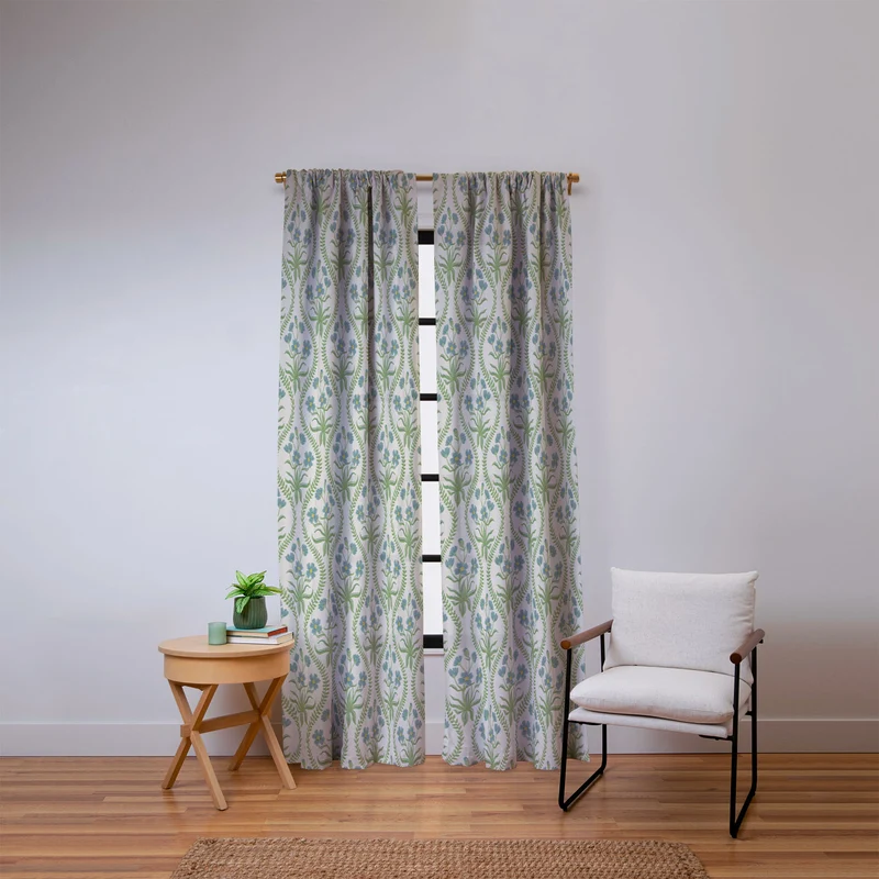 Blue Wildflowers Vintage Ogee Traditional Blue Green Cream Floral Window Curtain