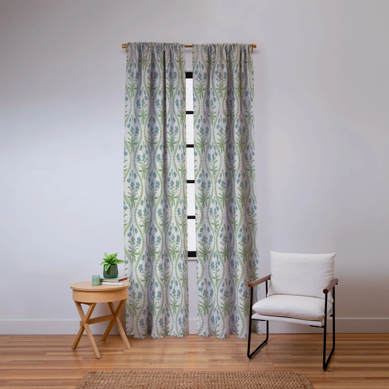 Blue Wildflowers Vintage Ogee Traditional Blue Green Cream Floral Window Curtain