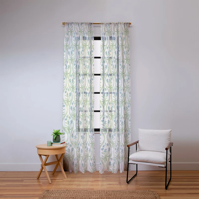 Blue Wildflowers Vintage Ogee Traditional Blue Green Cream Floral Window Curtain