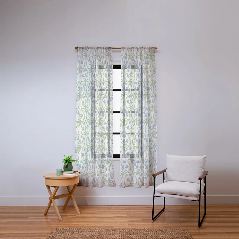 Blue Wildflowers Vintage Ogee Traditional Blue Green Cream Floral Window Curtain