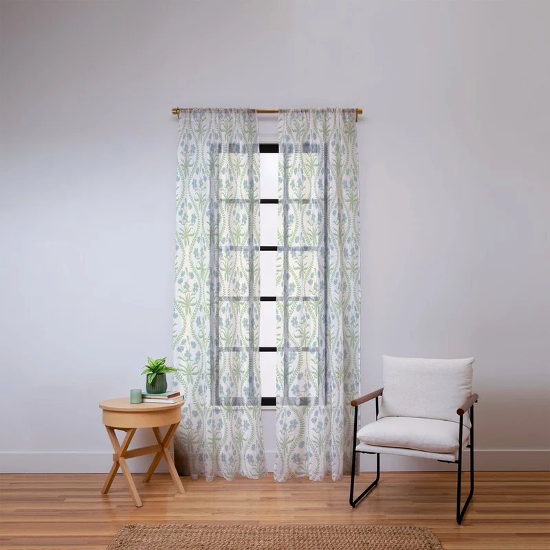 Blue Wildflowers Vintage Ogee Traditional Blue Green Cream Floral Window Curtain