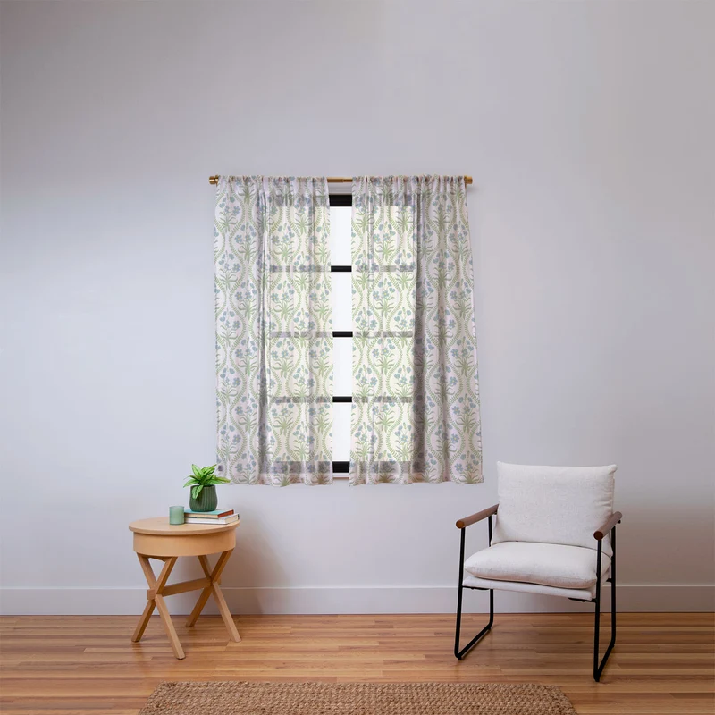 Blue Wildflowers Vintage Ogee Traditional Blue Green Cream Floral Window Curtain