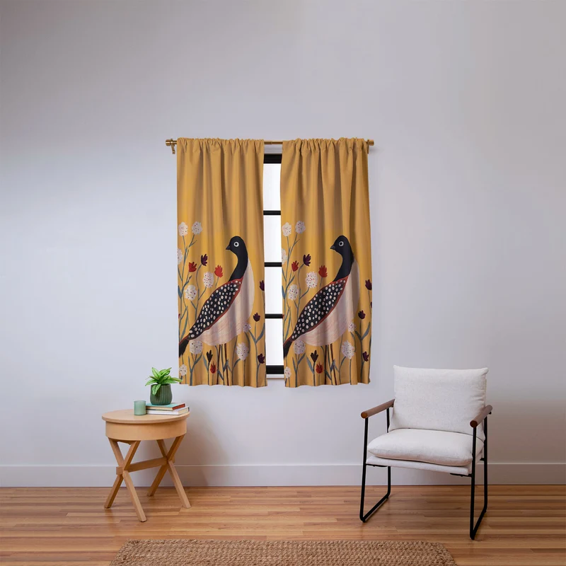 Spotted Folk Bird in Wildflowers Window Curtain