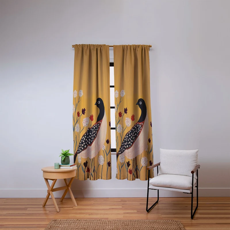 Spotted Folk Bird in Wildflowers Window Curtain