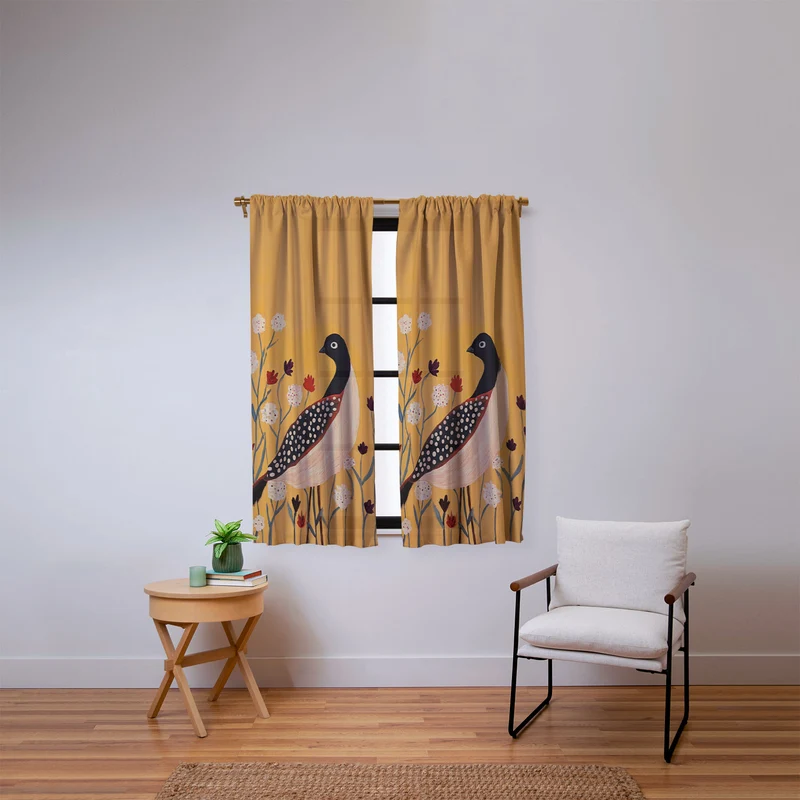 Spotted Folk Bird in Wildflowers Window Curtain