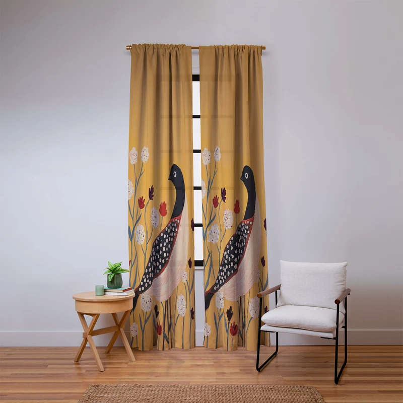 Spotted Folk Bird in Wildflowers Window Curtain