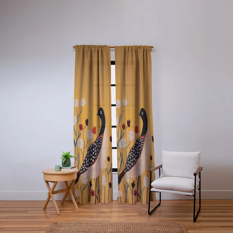 Spotted Folk Bird in Wildflowers Window Curtain