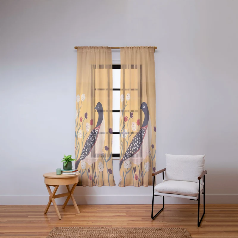 Spotted Folk Bird in Wildflowers Window Curtain