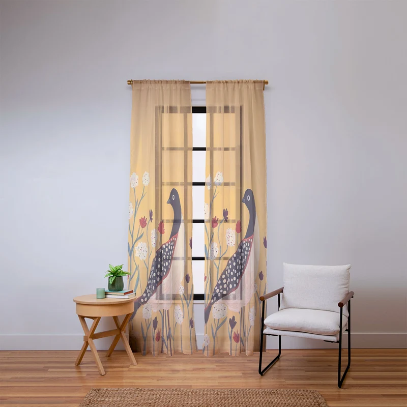 Spotted Folk Bird in Wildflowers Window Curtain
