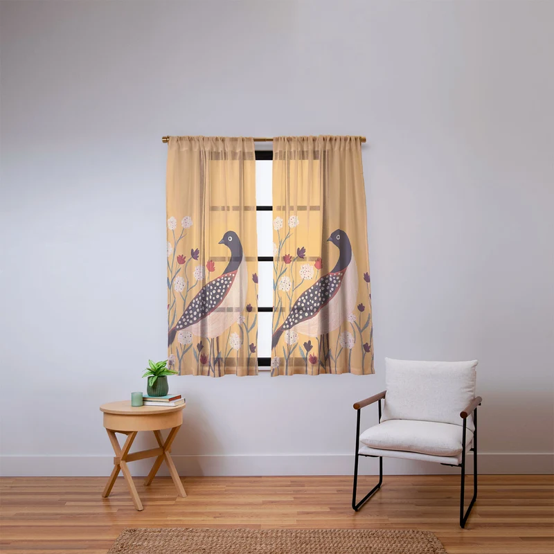 Spotted Folk Bird in Wildflowers Window Curtain