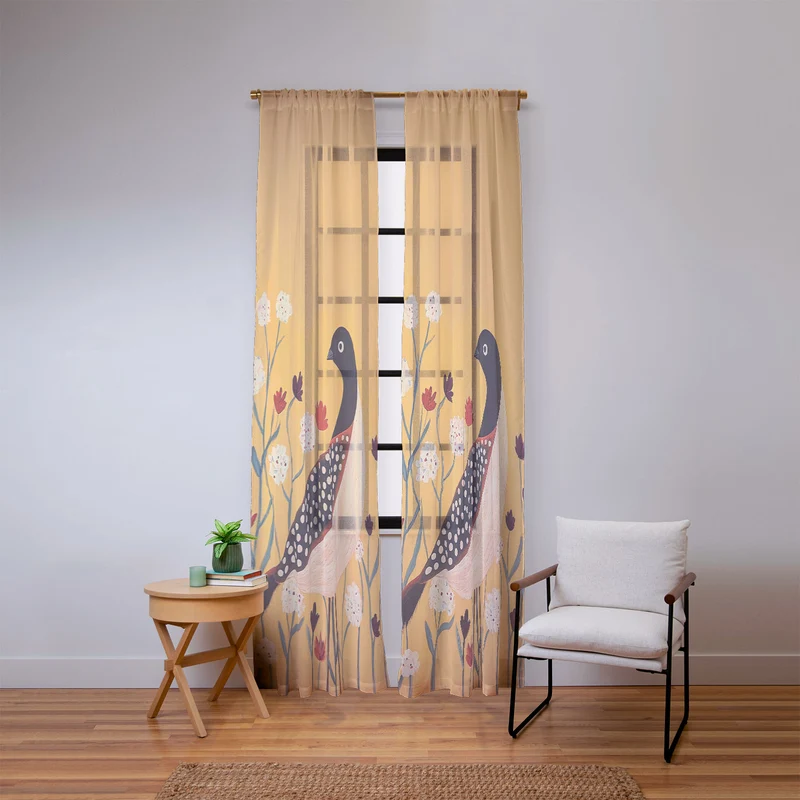 Spotted Folk Bird in Wildflowers Window Curtain