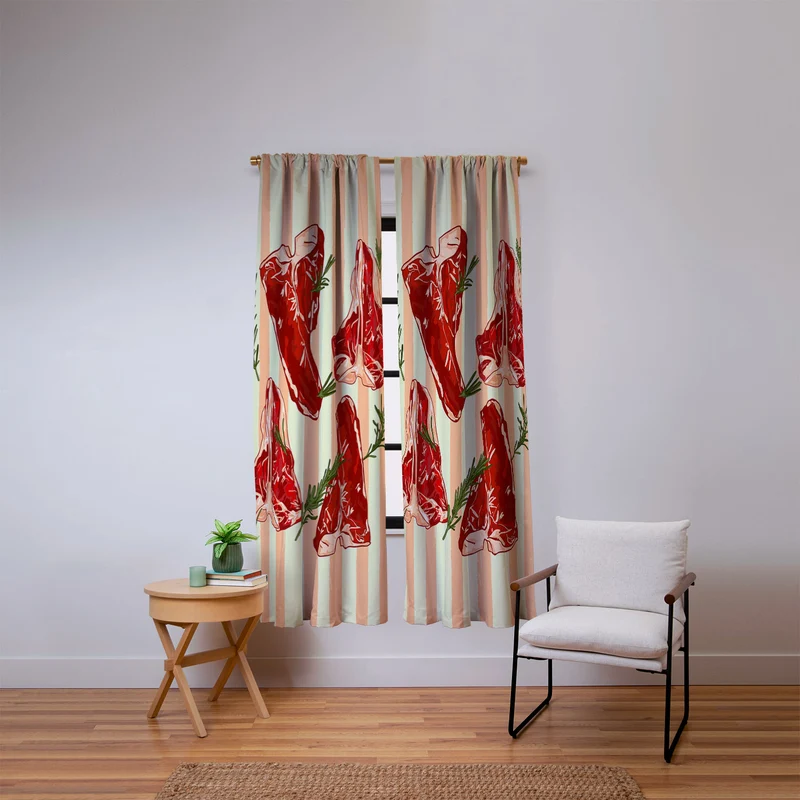 Steaks and Rosemary on Stripes Window Curtain