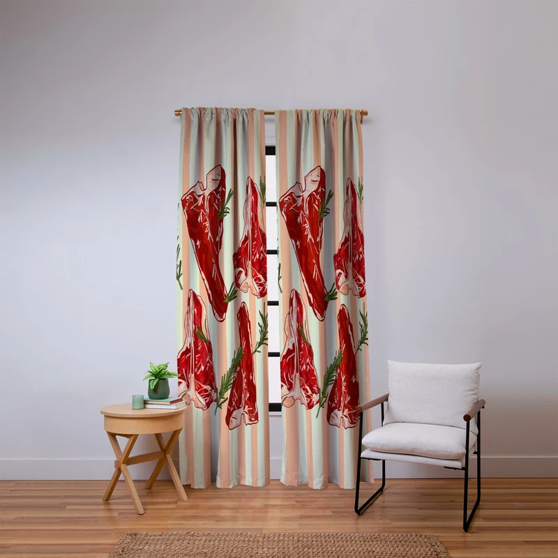 Steaks and Rosemary on Stripes Window Curtain