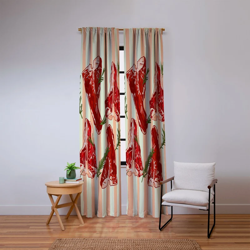 Steaks and Rosemary on Stripes Window Curtain