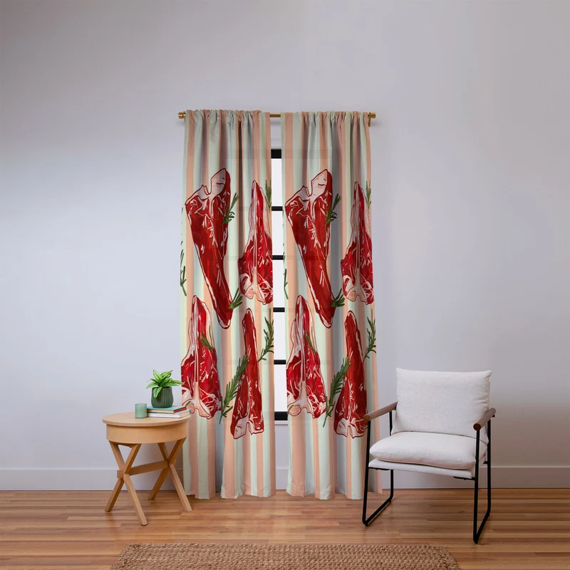 Steaks and Rosemary on Stripes Window Curtain