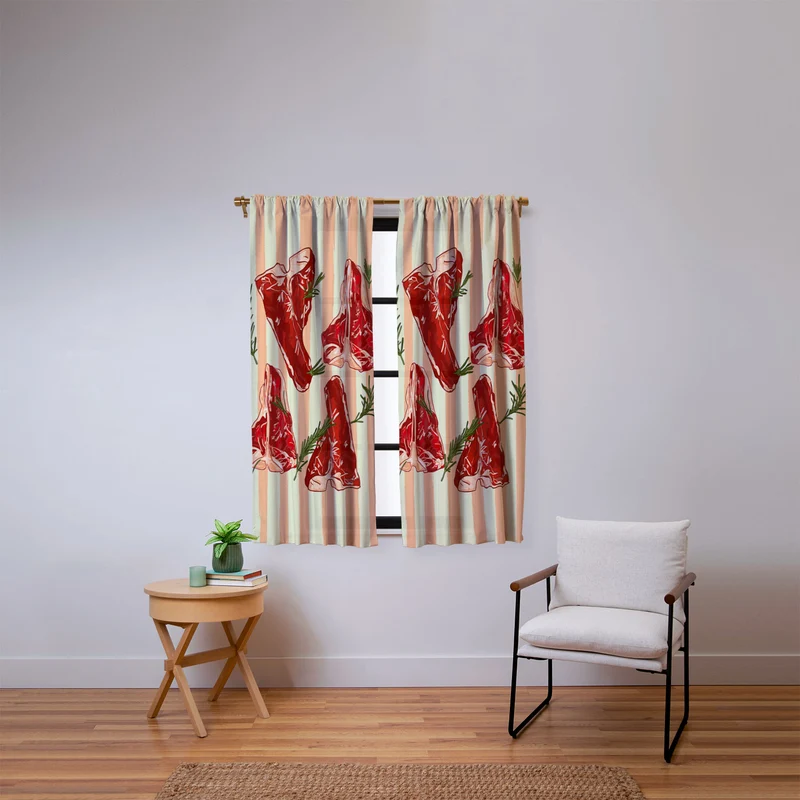 Steaks and Rosemary on Stripes Window Curtain