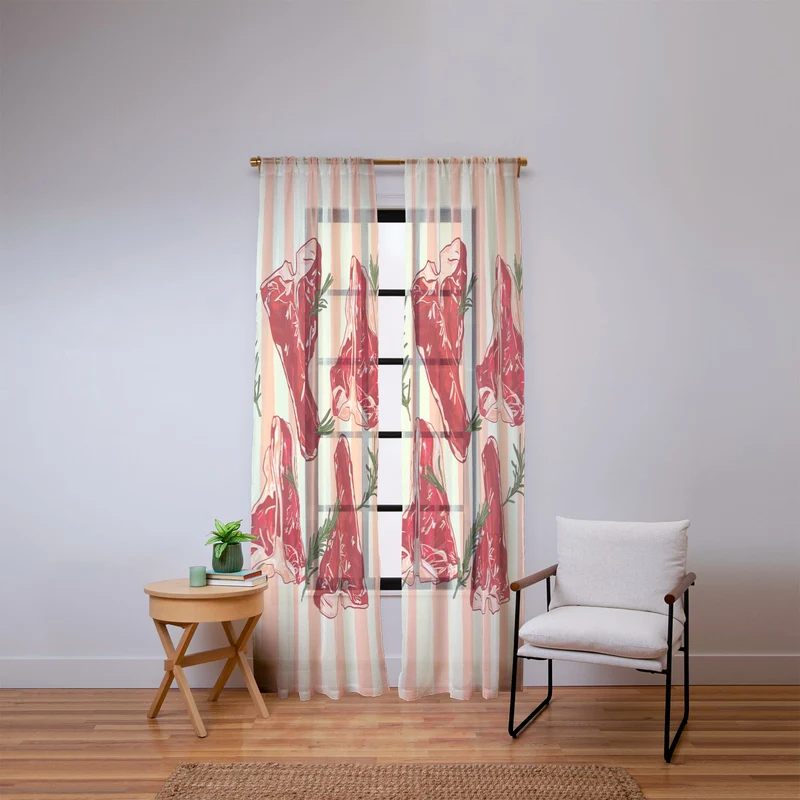 Steaks and Rosemary on Stripes Window Curtain