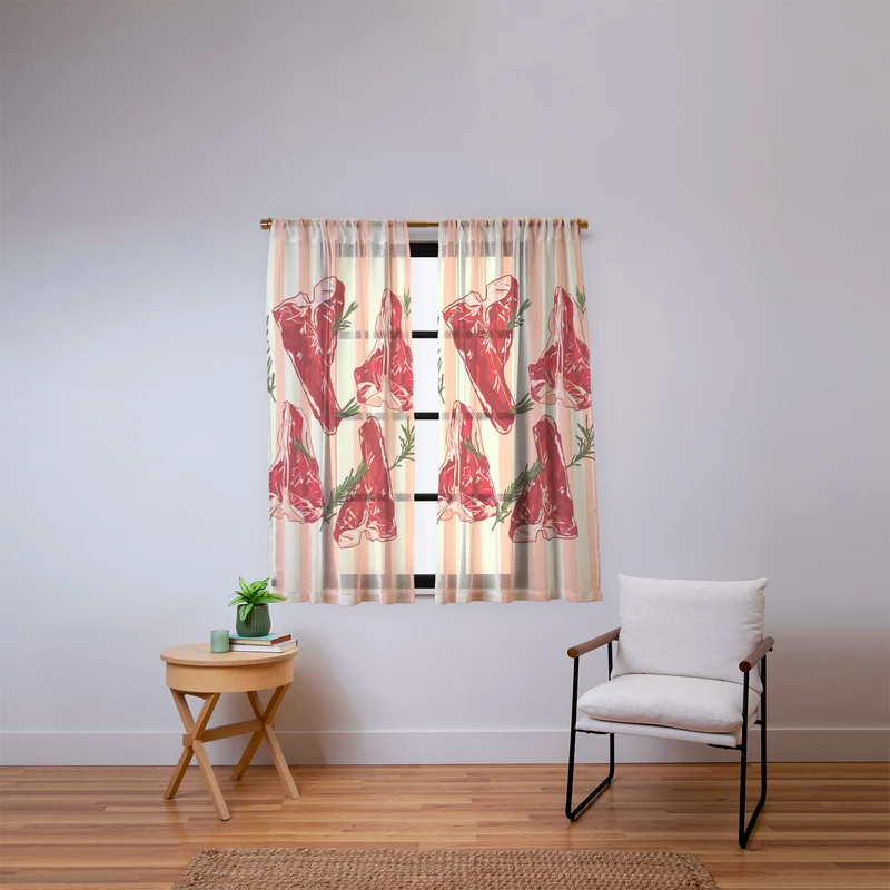 Steaks and Rosemary on Stripes Window Curtain