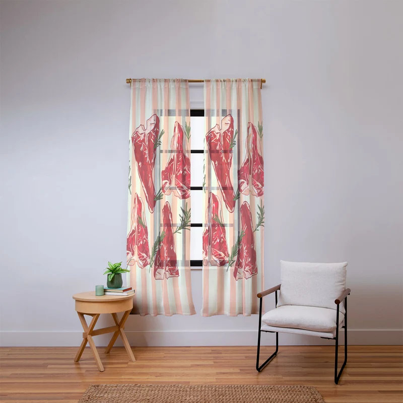 Steaks and Rosemary on Stripes Window Curtain