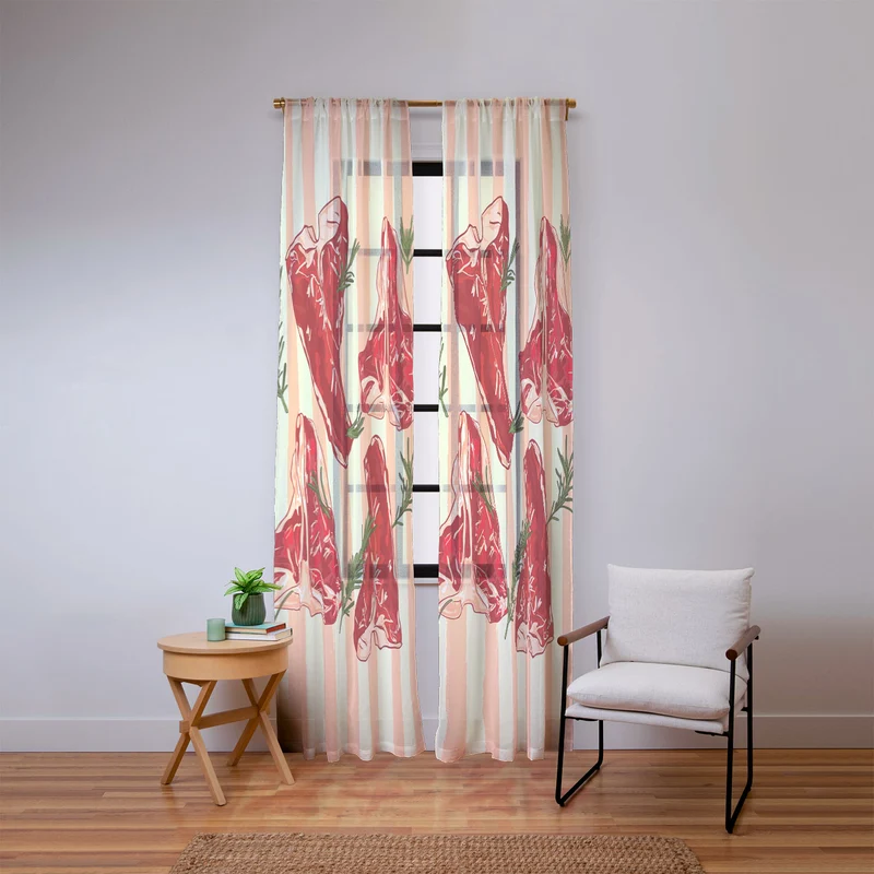 Steaks and Rosemary on Stripes Window Curtain