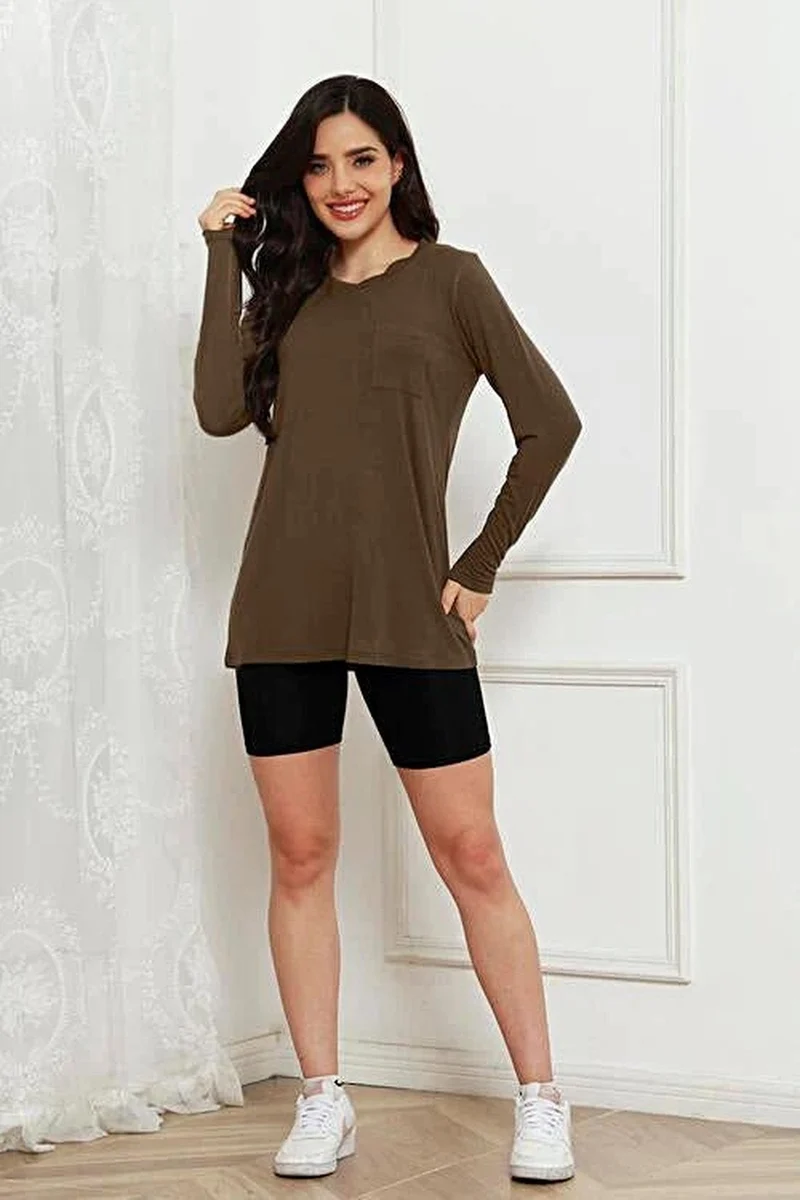 Opulent Basic Bae 100% Polyester Full Size Top met ronde hals, lange mouwen en zakken