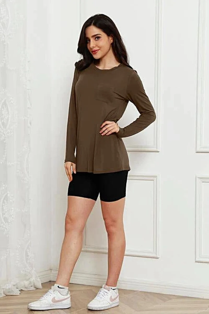 Opulent Basic Bae 100% Polyester Full Size Top met ronde hals, lange mouwen en zakken