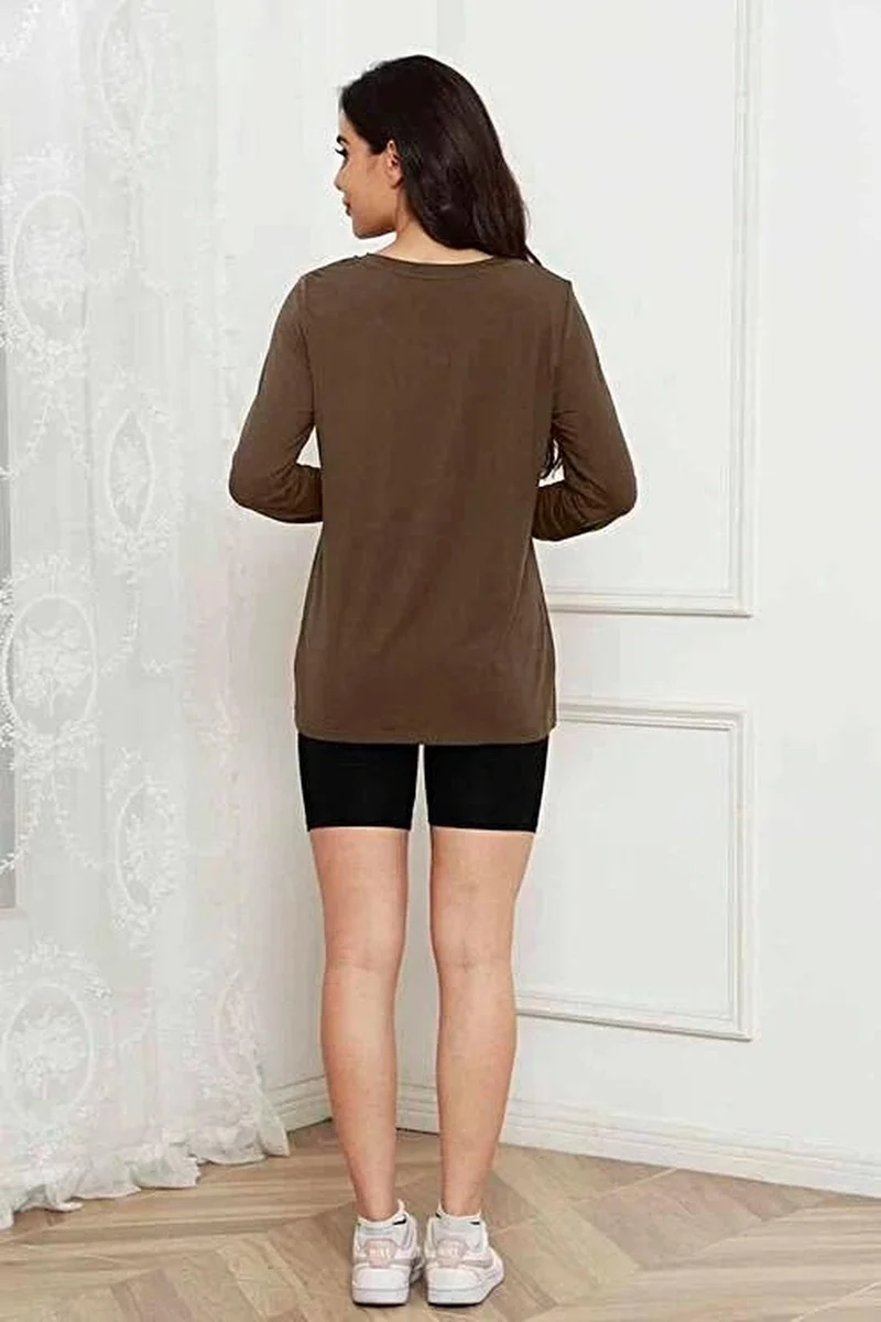 Opulent Basic Bae 100% Polyester Full Size Top met ronde hals, lange mouwen en zakken