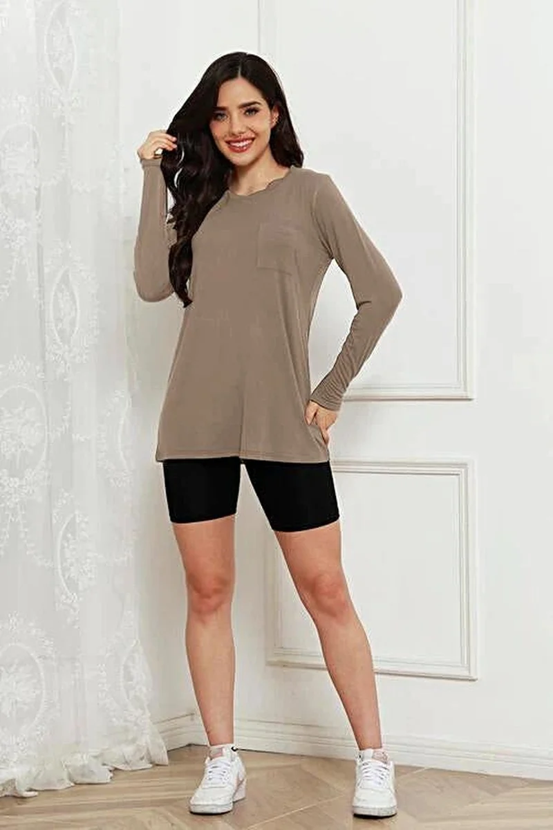 Opulent Basic Bae 100% Polyester Full Size Top met ronde hals, lange mouwen en zakken