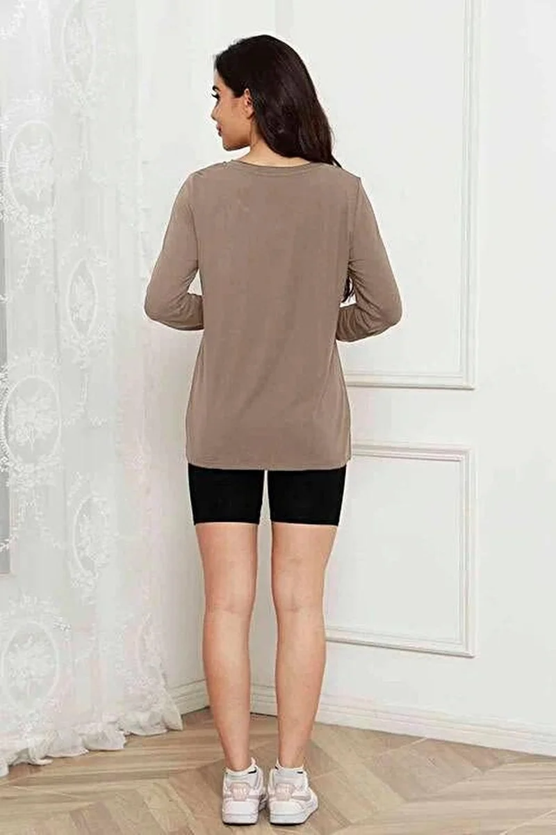 Opulent Basic Bae 100% Polyester Full Size Top met ronde hals, lange mouwen en zakken