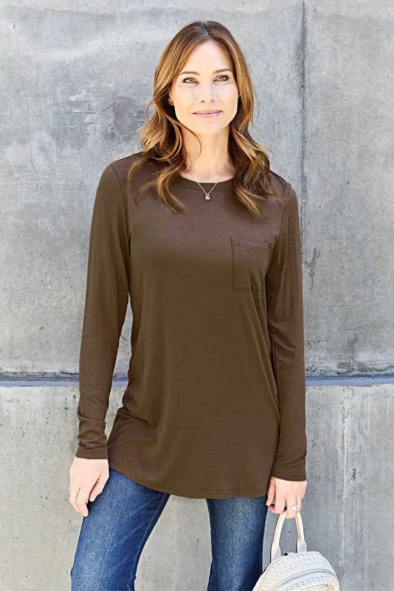 Opulent Basic Bae 100% Polyester Full Size Top met ronde hals, lange mouwen en zakken