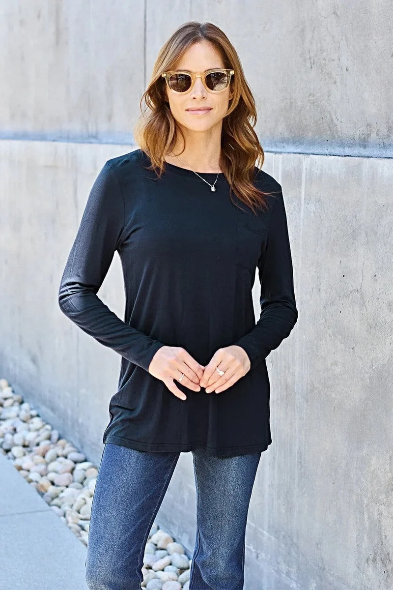 Opulent Basic Bae 100% Polyester Full Size Top met ronde hals, lange mouwen en zakken