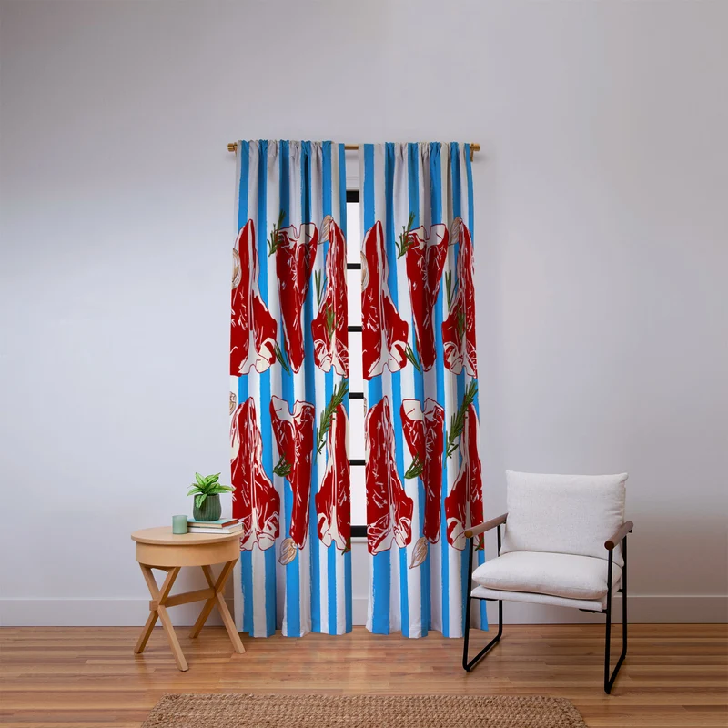 Steak and Herbs on Blue Stripes Window Curtain