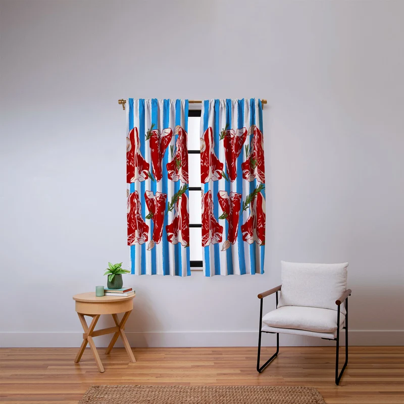 Steak and Herbs on Blue Stripes Window Curtain