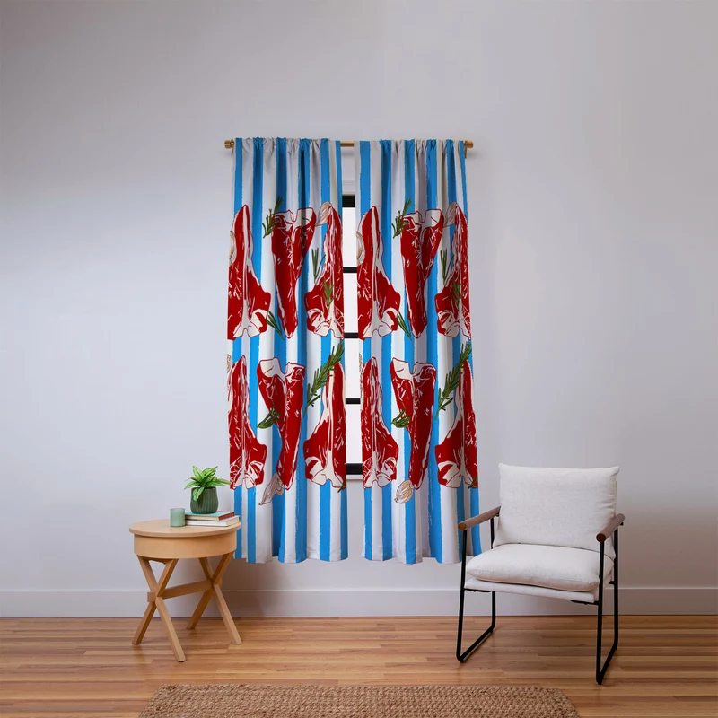 Steak and Herbs on Blue Stripes Window Curtain