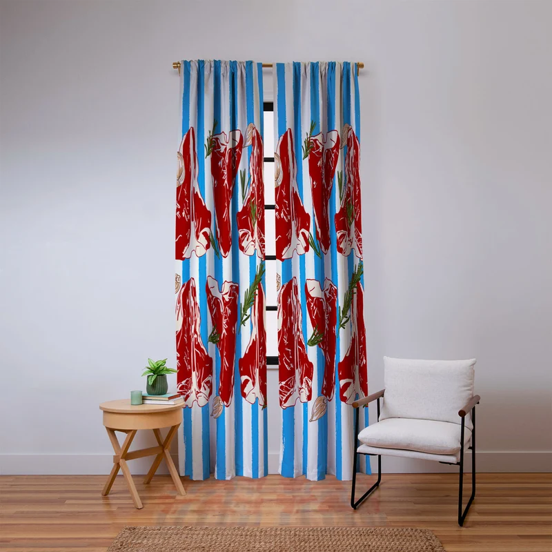 Steak and Herbs on Blue Stripes Window Curtain