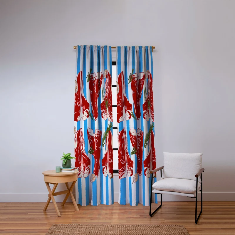 Steak and Herbs on Blue Stripes Window Curtain