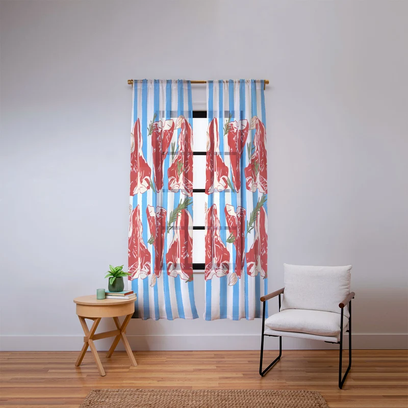 Steak and Herbs on Blue Stripes Window Curtain