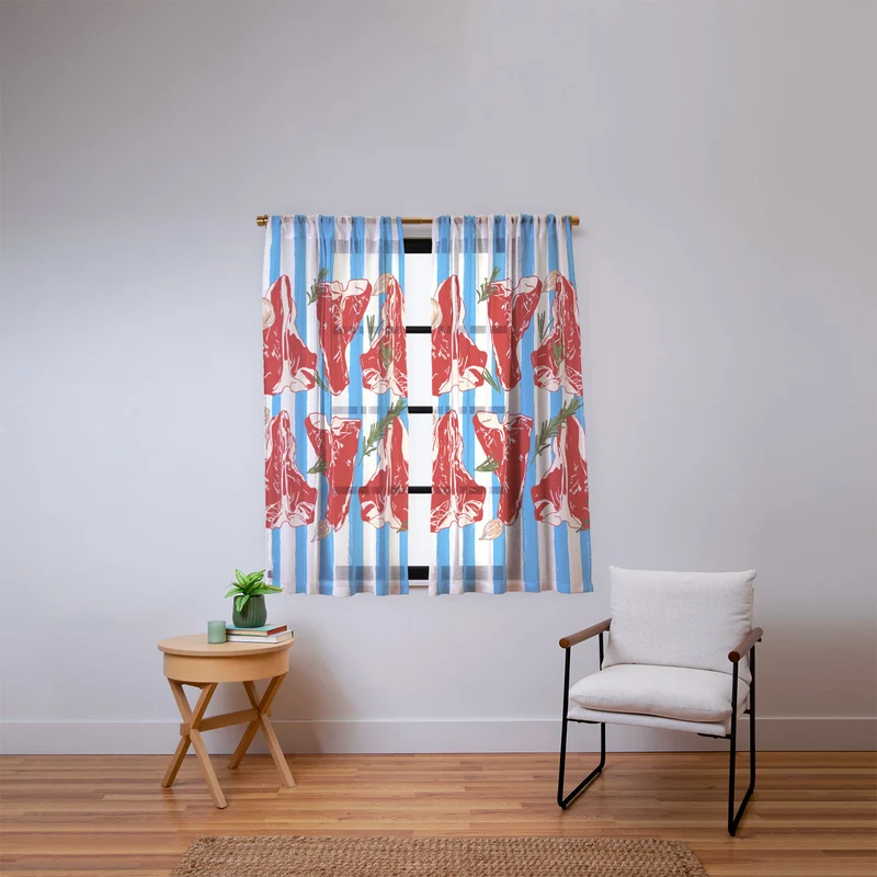 Steak and Herbs on Blue Stripes Window Curtain