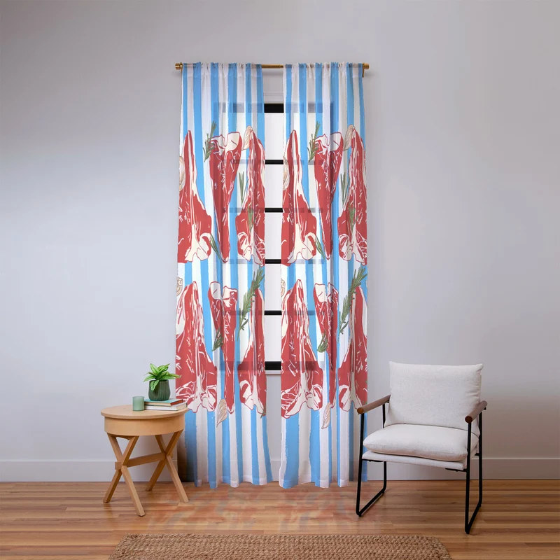 Steak and Herbs on Blue Stripes Window Curtain