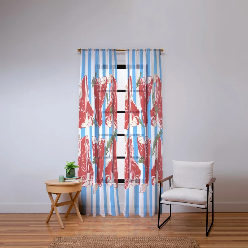 Steak and Herbs on Blue Stripes Window Curtain