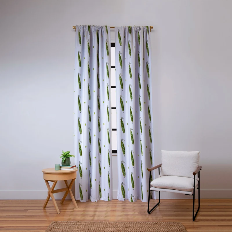 and Drawn Pea Pods and Tiny Flowers Window Curtain
