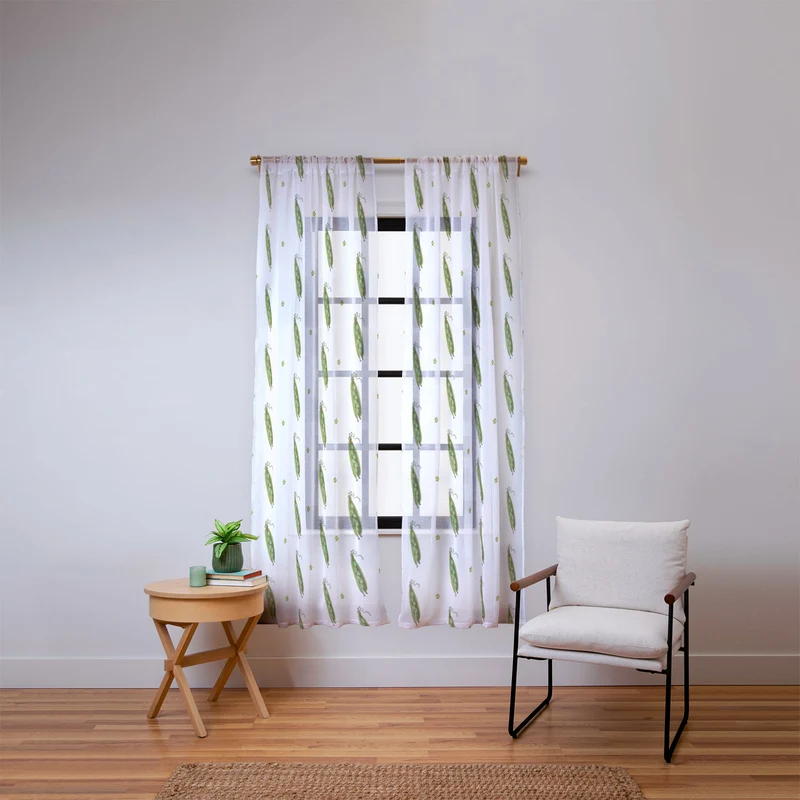 and Drawn Pea Pods and Tiny Flowers Window Curtain